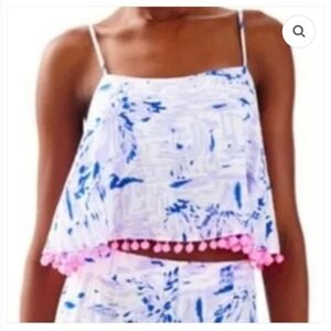 Lily Pulitzer Blue and Pink Patterned Crop Top With Pom Poms. Size 4.